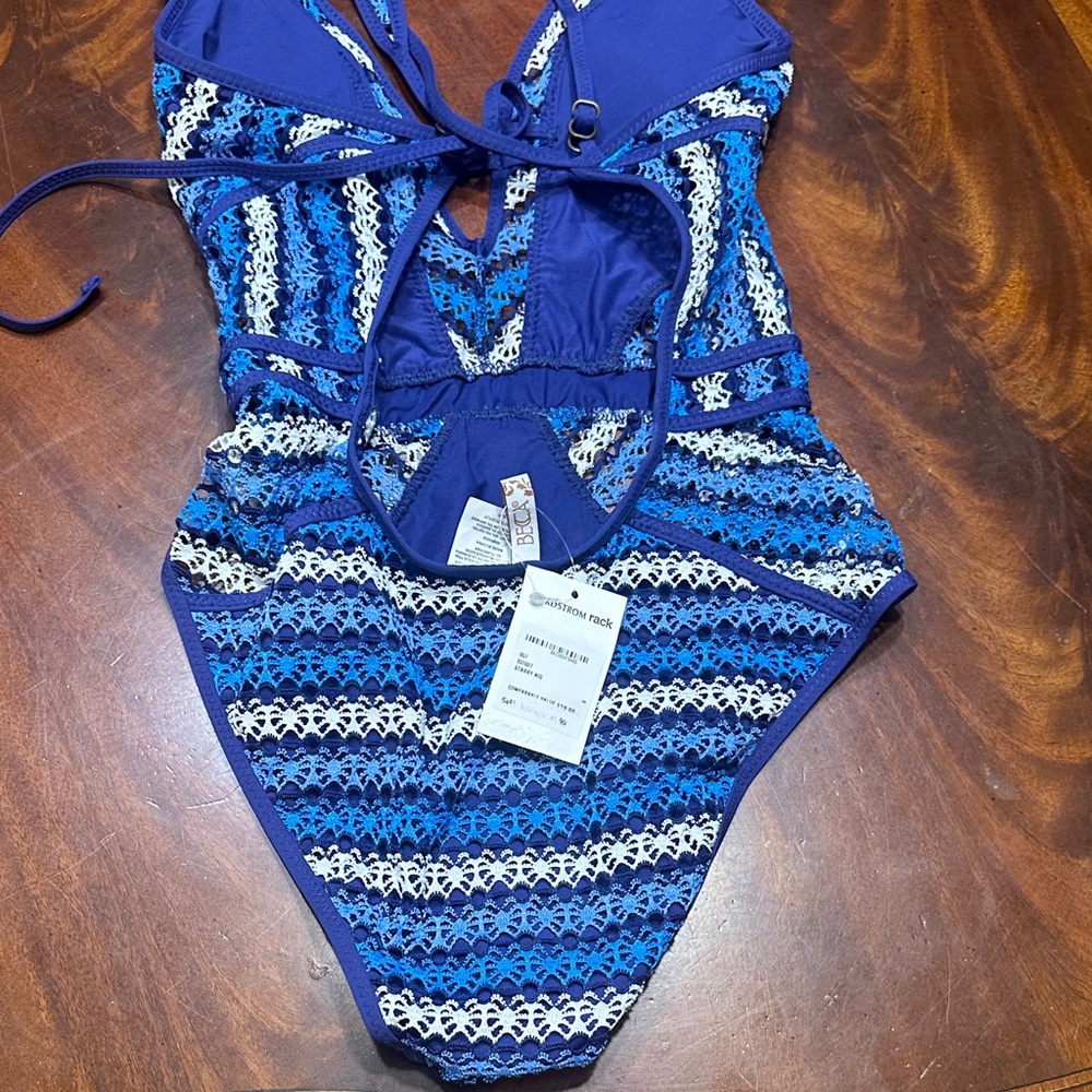 BECCA Vibrant Blue and Cream Crochet One Piece Swimsuit - Picture 2 of 3